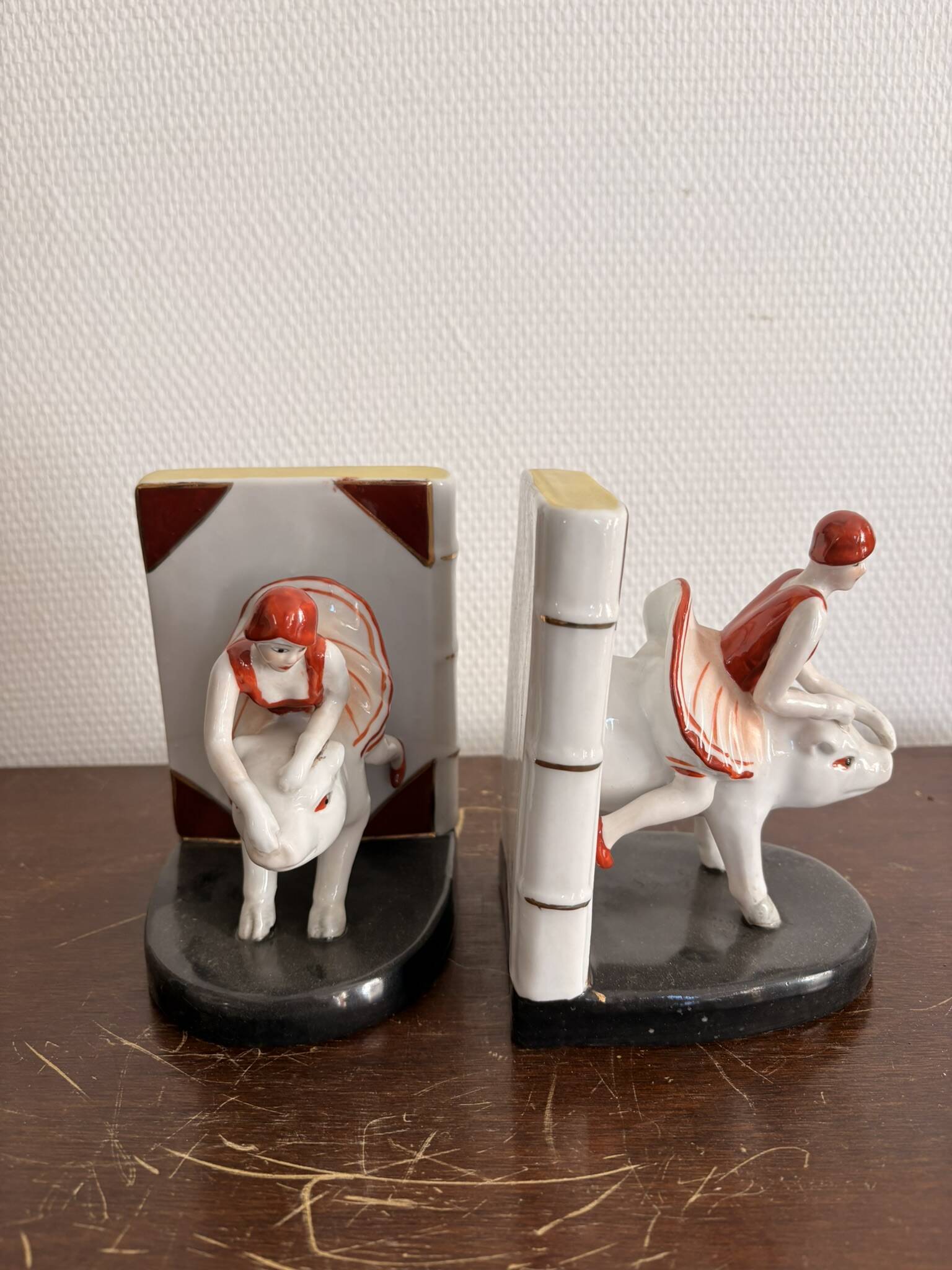Old Pair of Bookends Porcelain White Girl Woman Equestrian Pig Art
