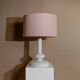 Vintage Holmegaard Plaza table lamp by Hsin-Lung Lin for Glasværk, 1970s - White glass with pink fabric shade - Elegant retro lamp, gift idea.