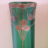 Paire de grands vases Art Nouveau en verre peint émaillé décor trèfles