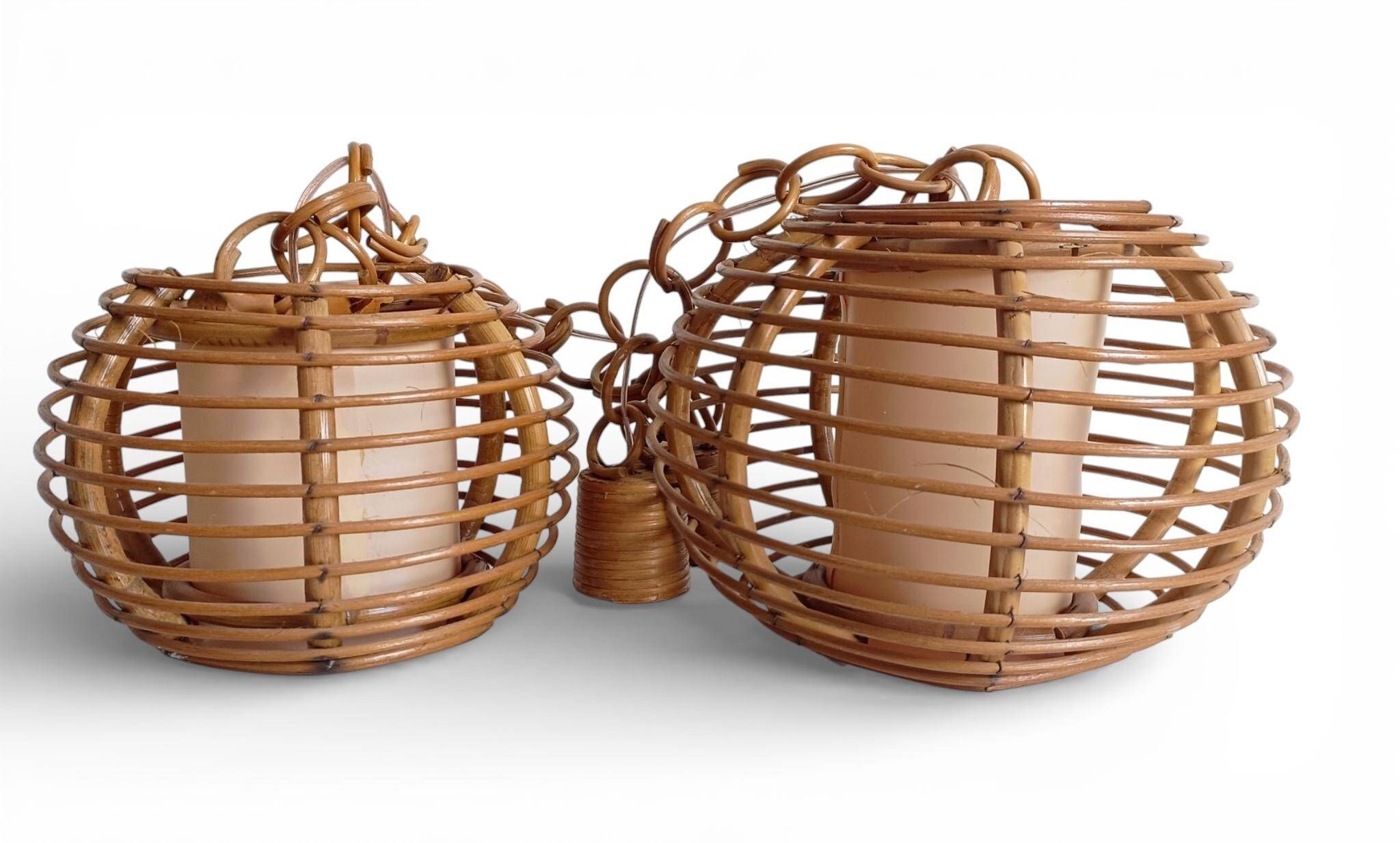 Mid-Century Globe Pendant Lamps, Bamboo & Rattan, c. 1960s