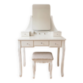 Coiffeuse vintage blanche avec tabouret et miroir