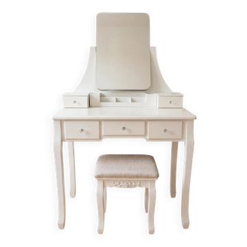 Coiffeuse vintage blanche avec tabouret et miroir
