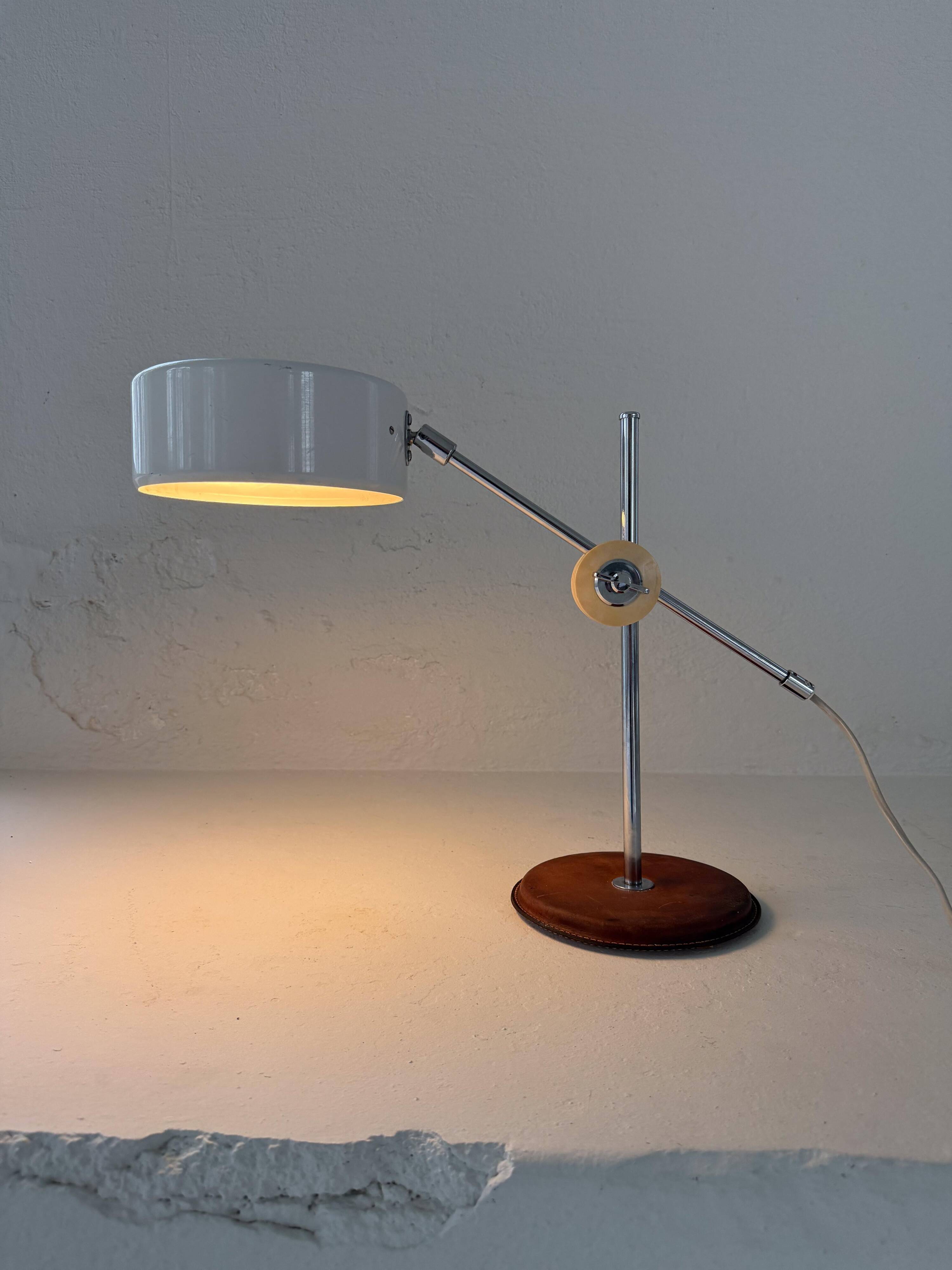 Vintage Midcentury desk lamp in brown leather and chrome Atelje Lyktan, Sweden