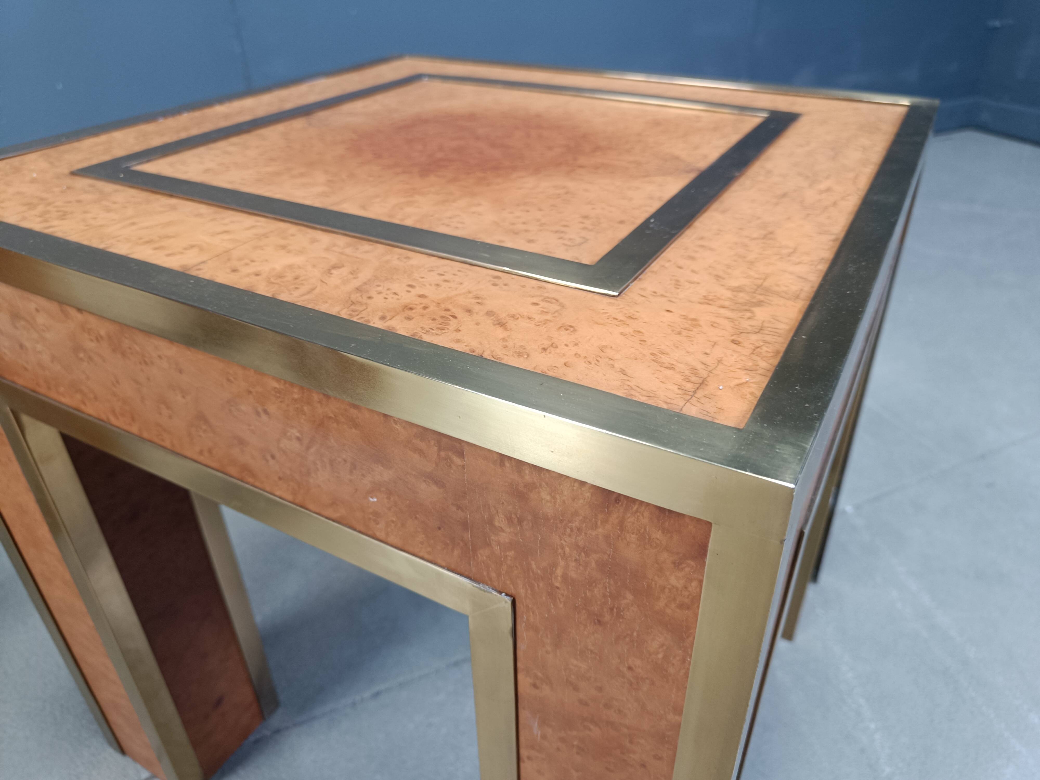 Pair of brass and burl wood side tables, 1980s