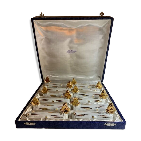 Coffret de 12 porte -couteaux art nouveau céramique dorée papillons