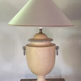 Pied de lampe à poser en céramique, terre jaune cirée, éléments terres mélées blanche et grise