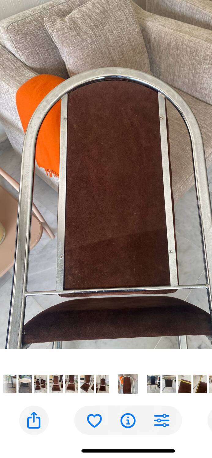 Quatre chaises chrome et velours ras marron design 70