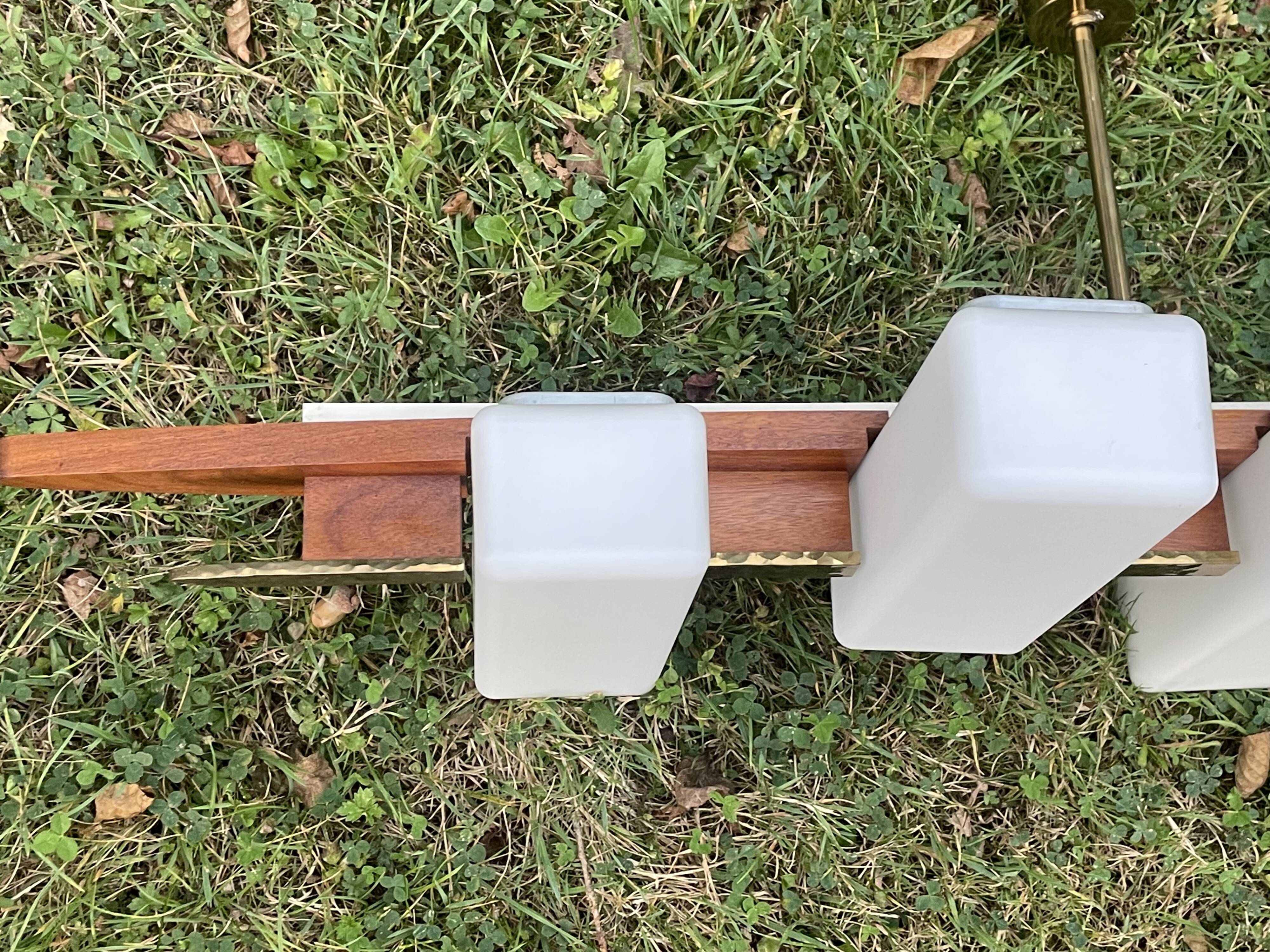 Scandinavian chandelier, brass, precious wood, 4 lights, shuttle 102 x 35 x 9 cm