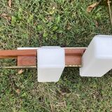 Scandinavian chandelier, brass, precious wood, 4 lights, shuttle 102 x 35 x 9 cm