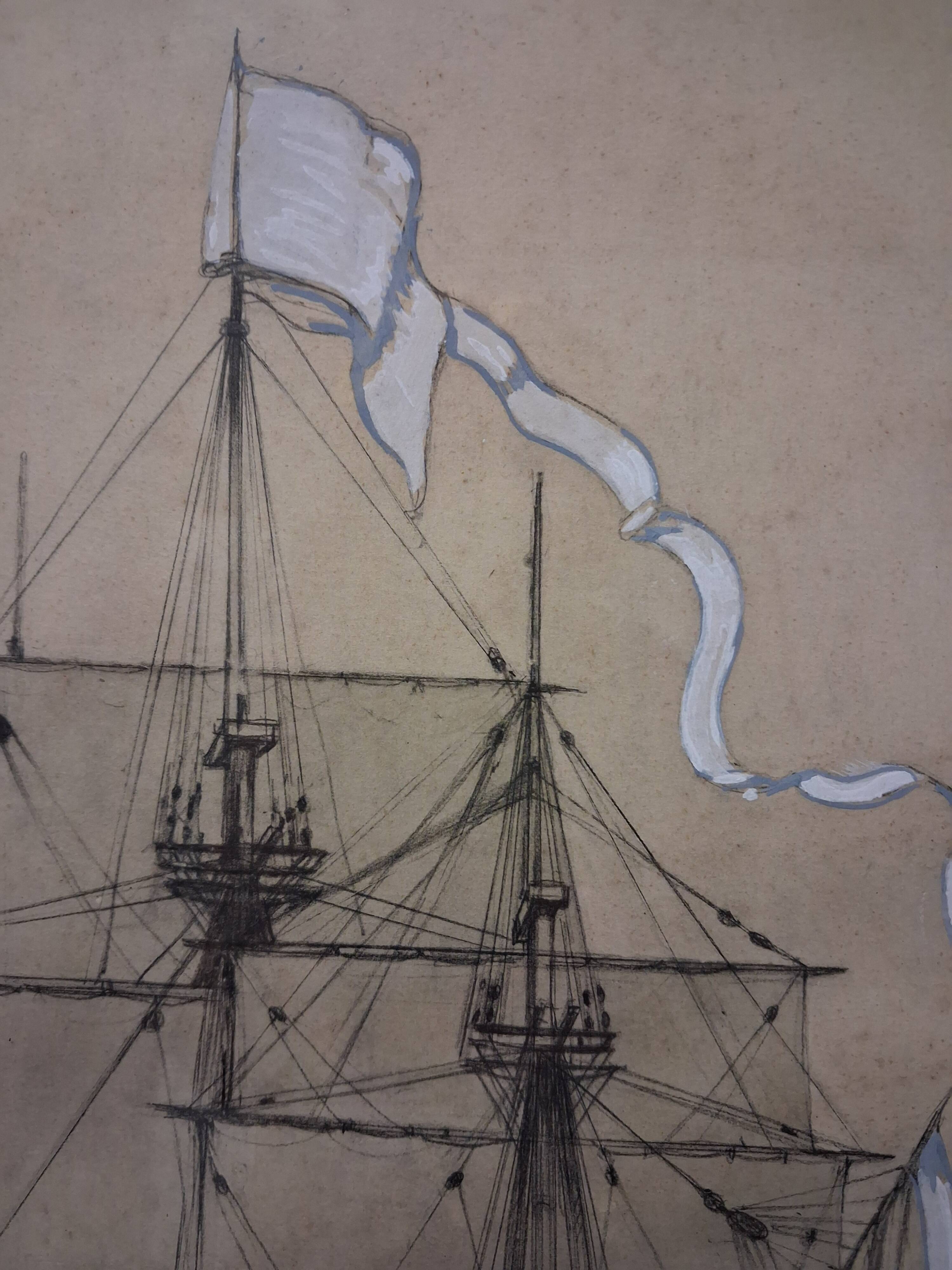 Drawing of an 18th-century ship, enhanced impression with gouache, Durand-Chapron.