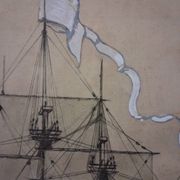 Drawing of an 18th-century ship, enhanced impression with gouache, Durand-Chapron.