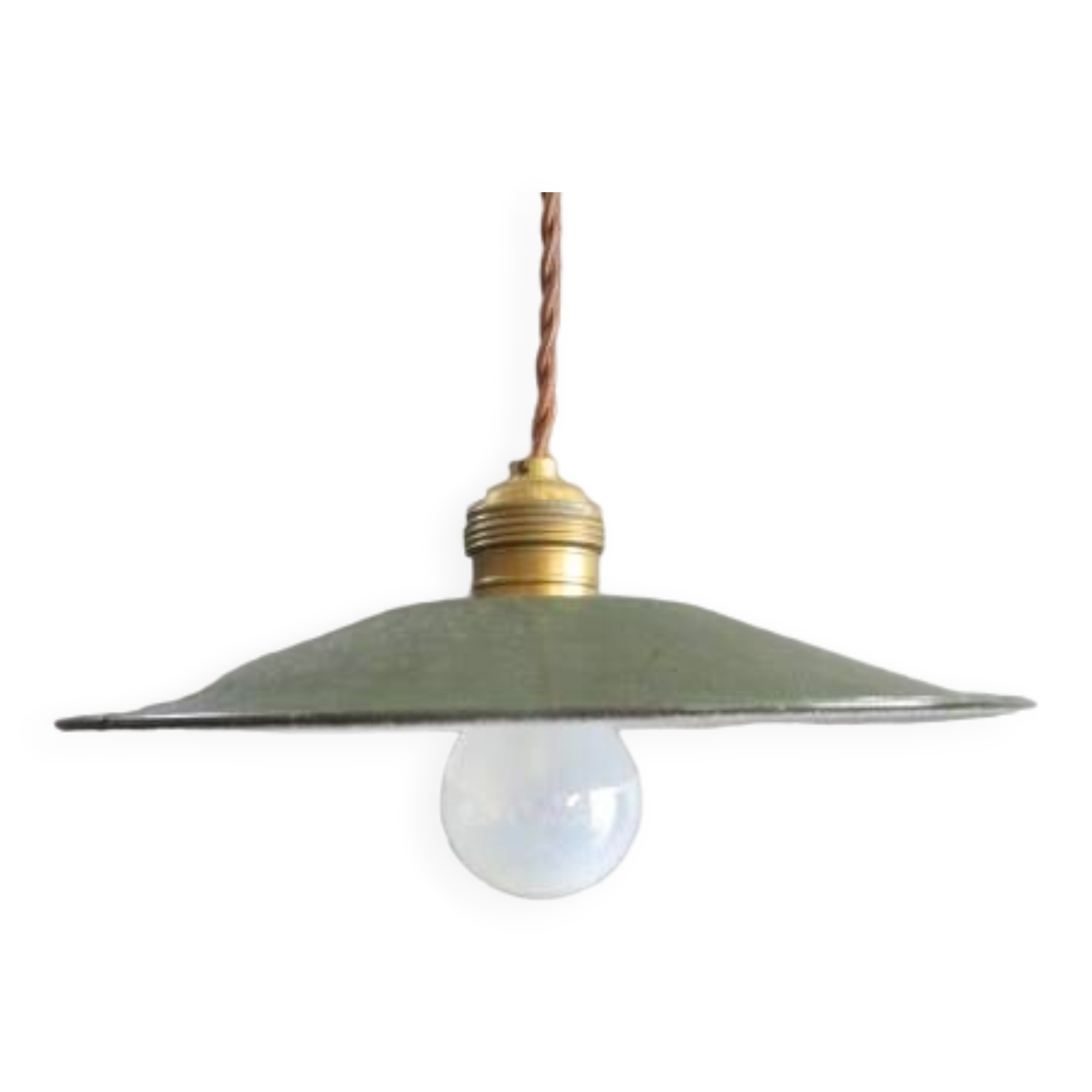 Old pendant light in green enameled sheet metal