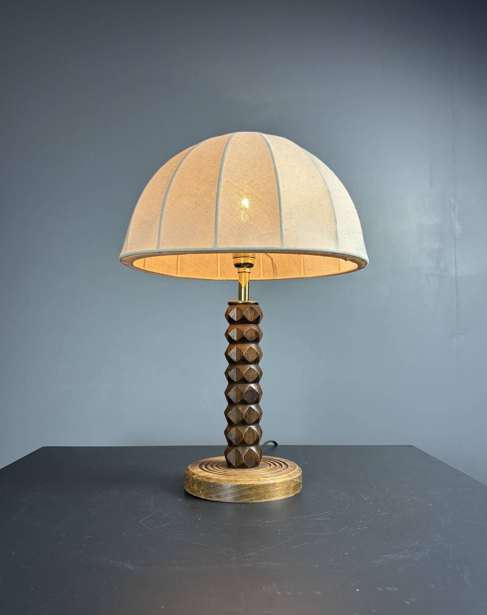 Midcentury brutalist wood turned mushroom table lamp, Charles Dudouyt style