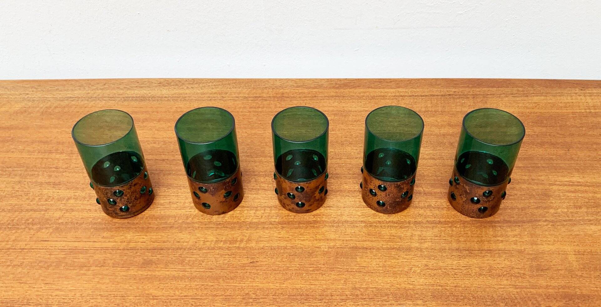 Drinking glasses in green glass and copper in mid-century style by Nanny Still, 1960s, set of 5.