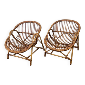 Mid-century French Riviera rattan lounge chairs – pair – 1960s organic design