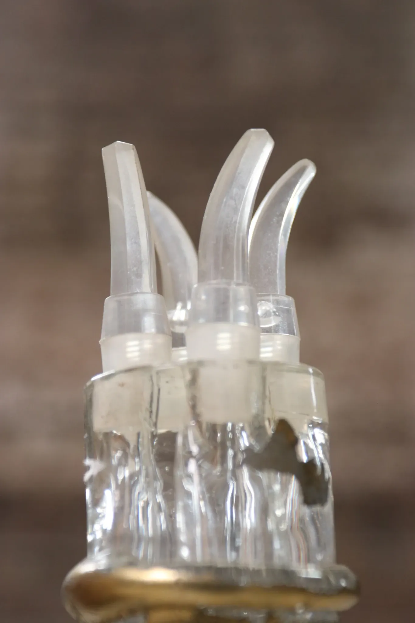 French glass decanter with 4 compartments and pouring spouts, 1950s–70s