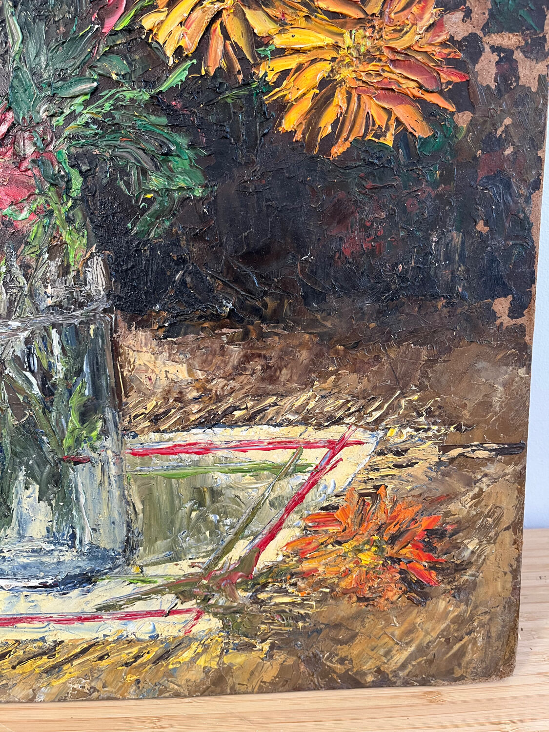 Bouquet avec plateau et bougeoir, technique couteau sur panneau bois
