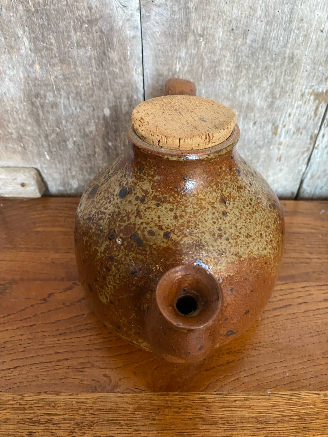 Antique brown beige pyrite stoneware teapot + vintage cork stopper
