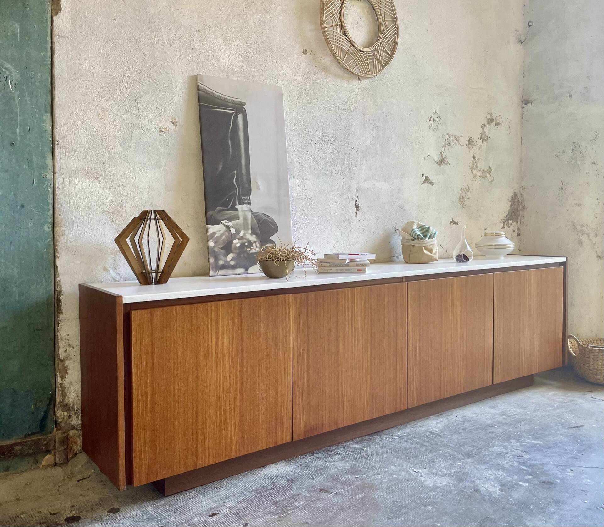 Large vintage sideboard 248 cm – wood & white mineral concrete top –