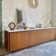 Large vintage sideboard 248 cm – wood & white mineral concrete top –