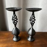 Pair of wrought iron candlesticks, black patina