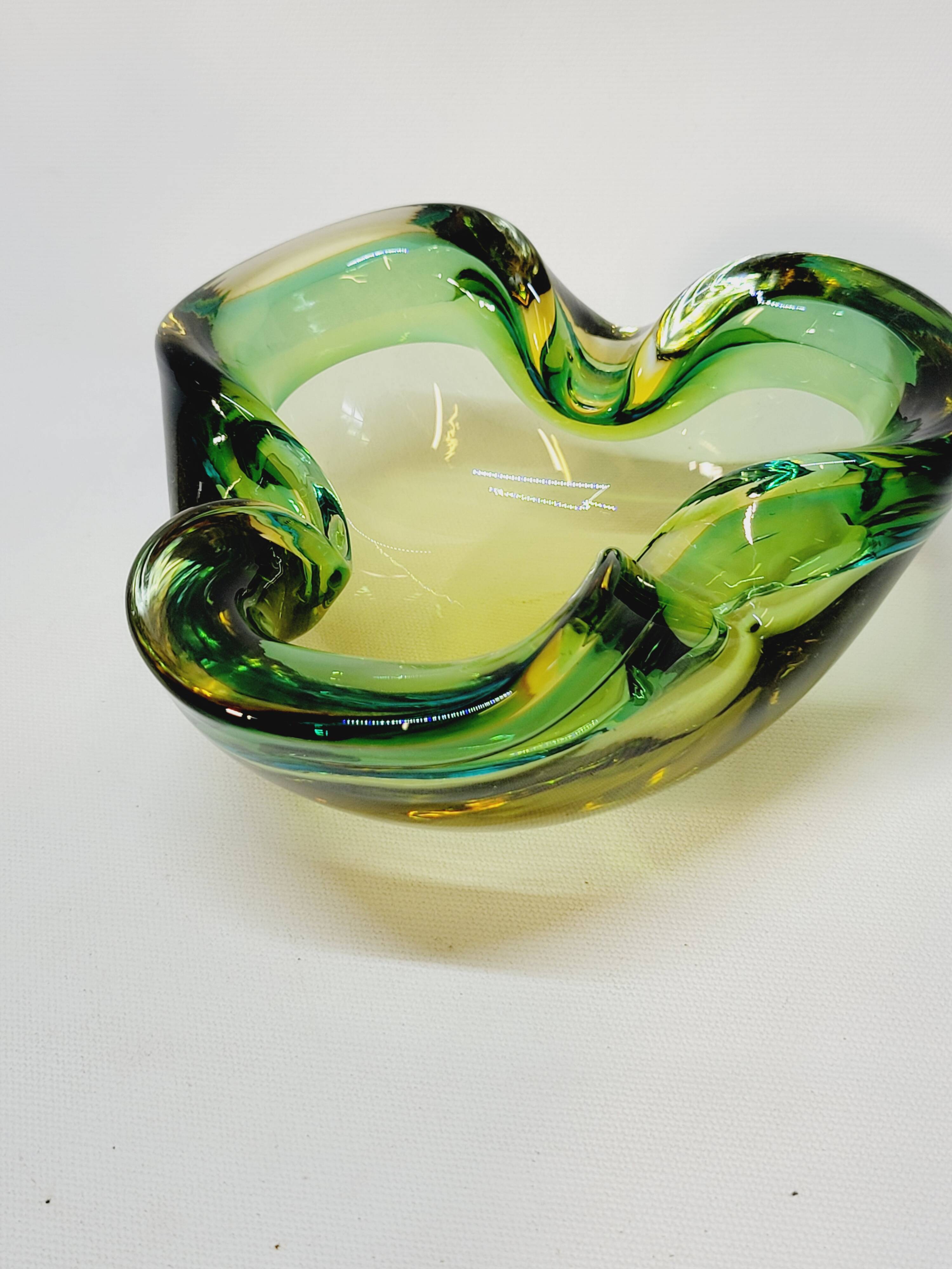 Empty Pocket Cup Ashtray Vintage Murano Glass Sommerso Green and Yellow