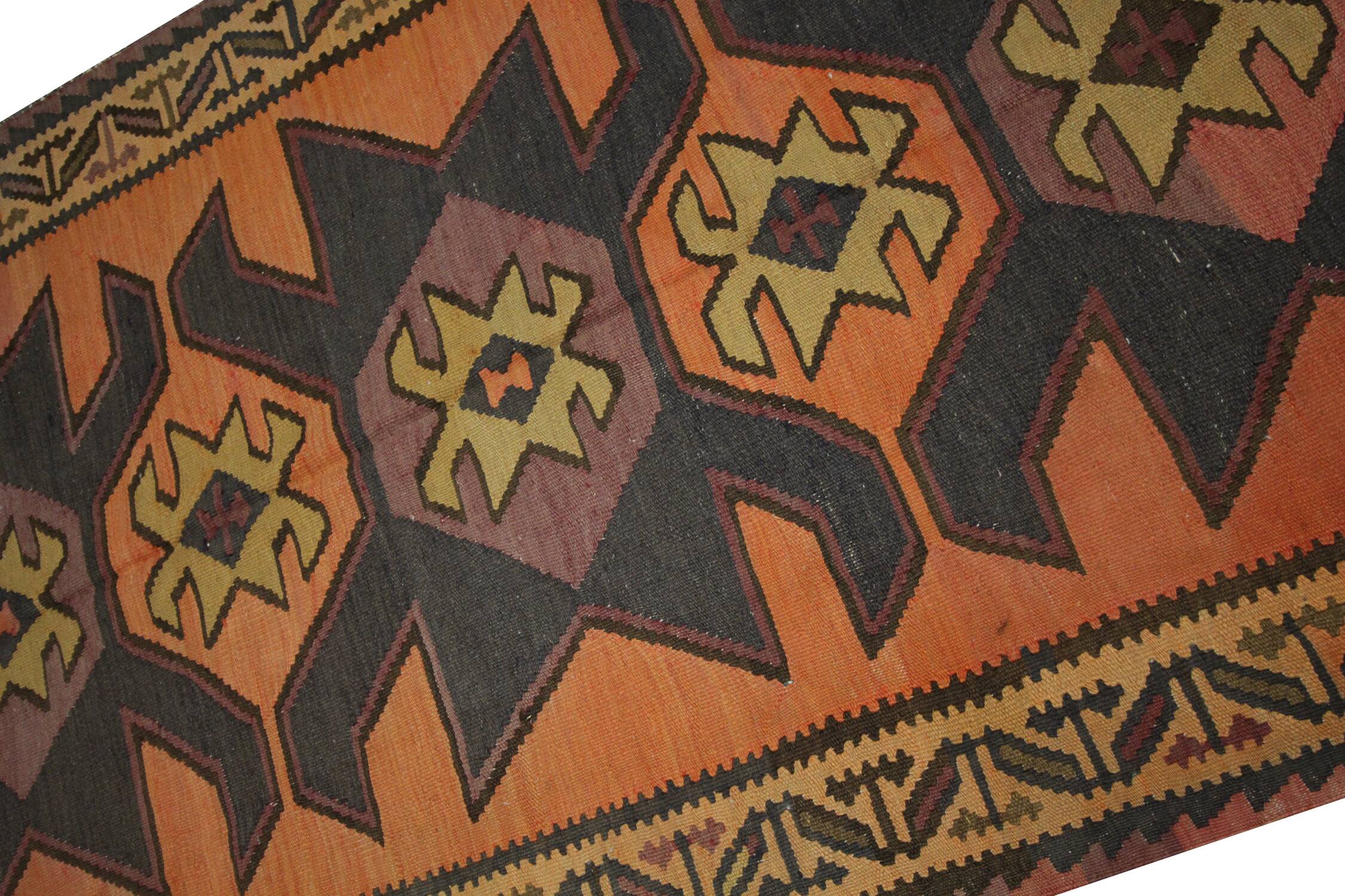 Rug & Kilim Rust Geometric Runner, Handmade Tribal Wool Flatweave, Boho Hallway Rug