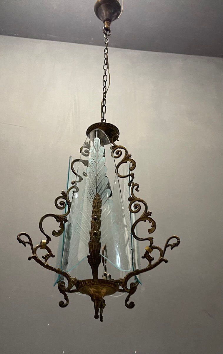 Italian art deco bronze and etched glass pendant lamp
