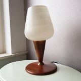 Vintage teak table lamp with 60s white glass lampshade