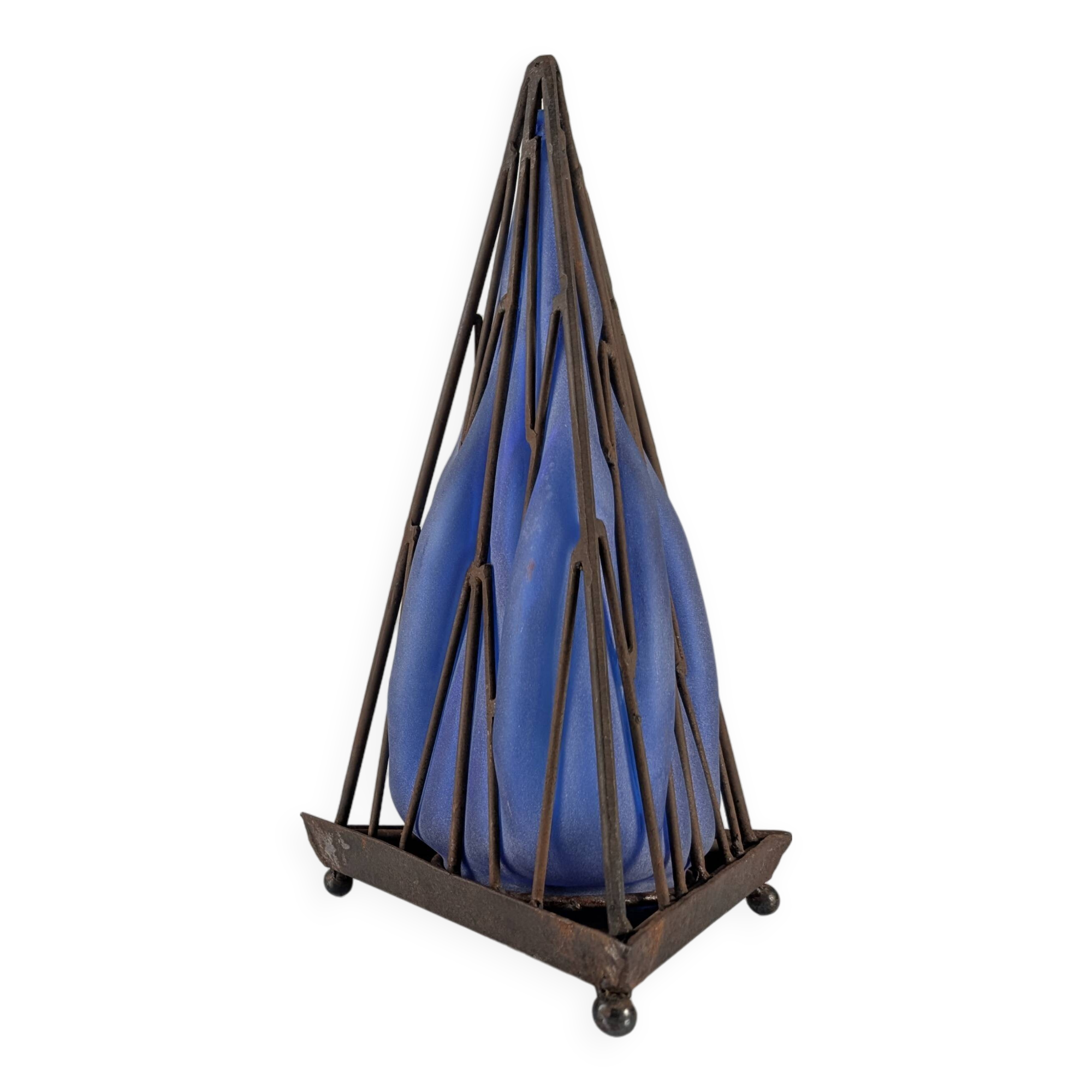Lampe de table pyramidale en verre soufflé à la bouche et en fer