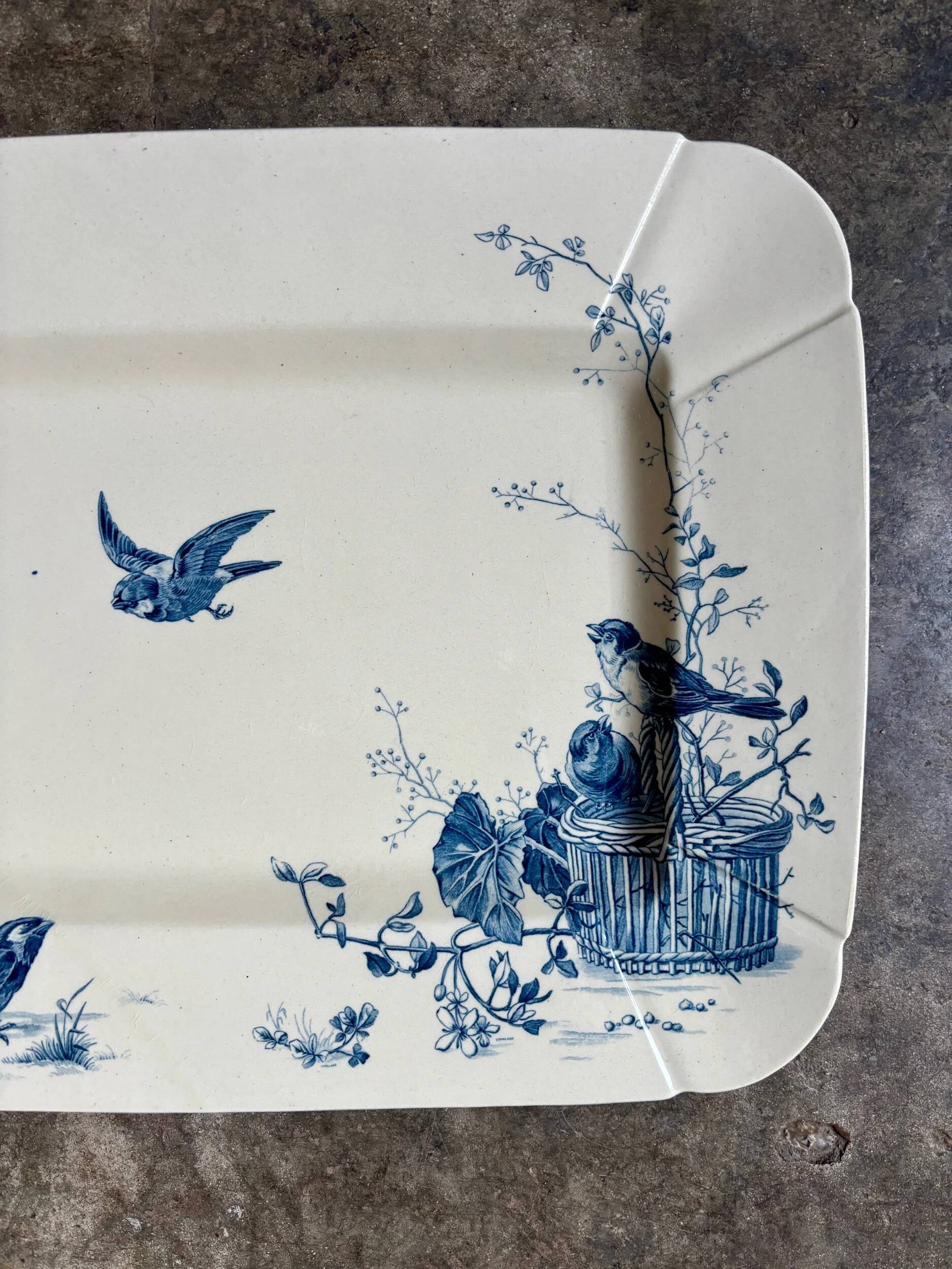 Large rectangular Gien dish in blue ironstone, "Birds" service circa 1870.
