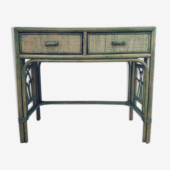 Vintage desk in bamboo and rattan, tinted green