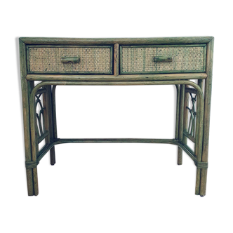 Vintage desk in bamboo and rattan, tinted green