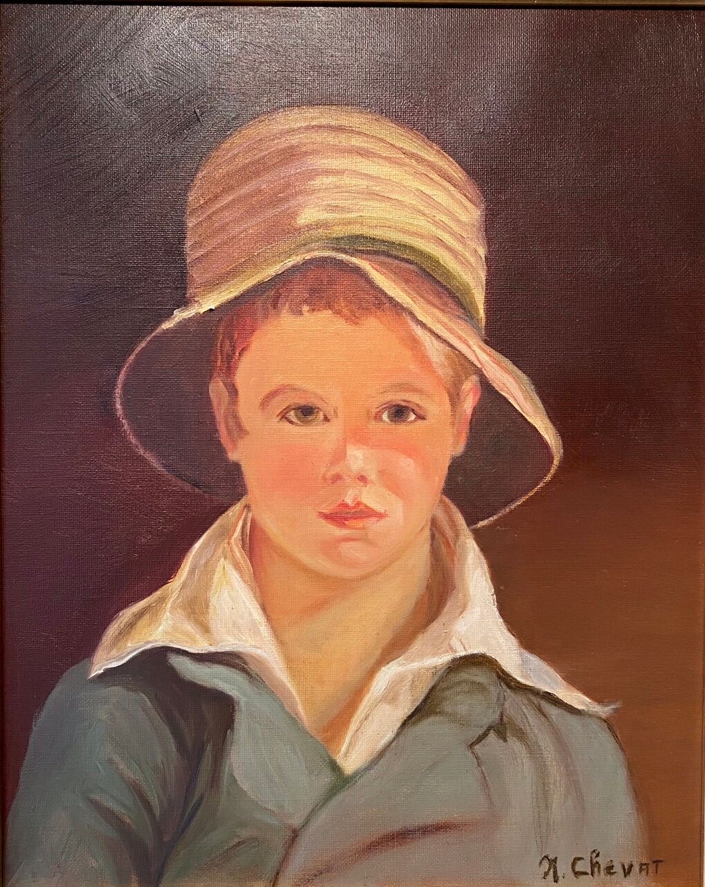 Portrait of the boy in the straw hat 70s/80s, signed
