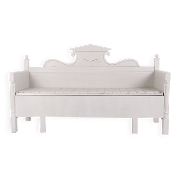 Antique storage bench with carvings – grey painted – pine wood – 1860s