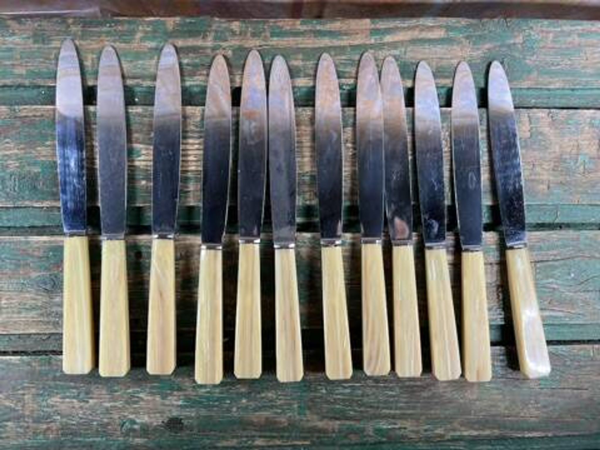 Set of 12 vintage table knives – Marbled Bakelite handles – 1930s