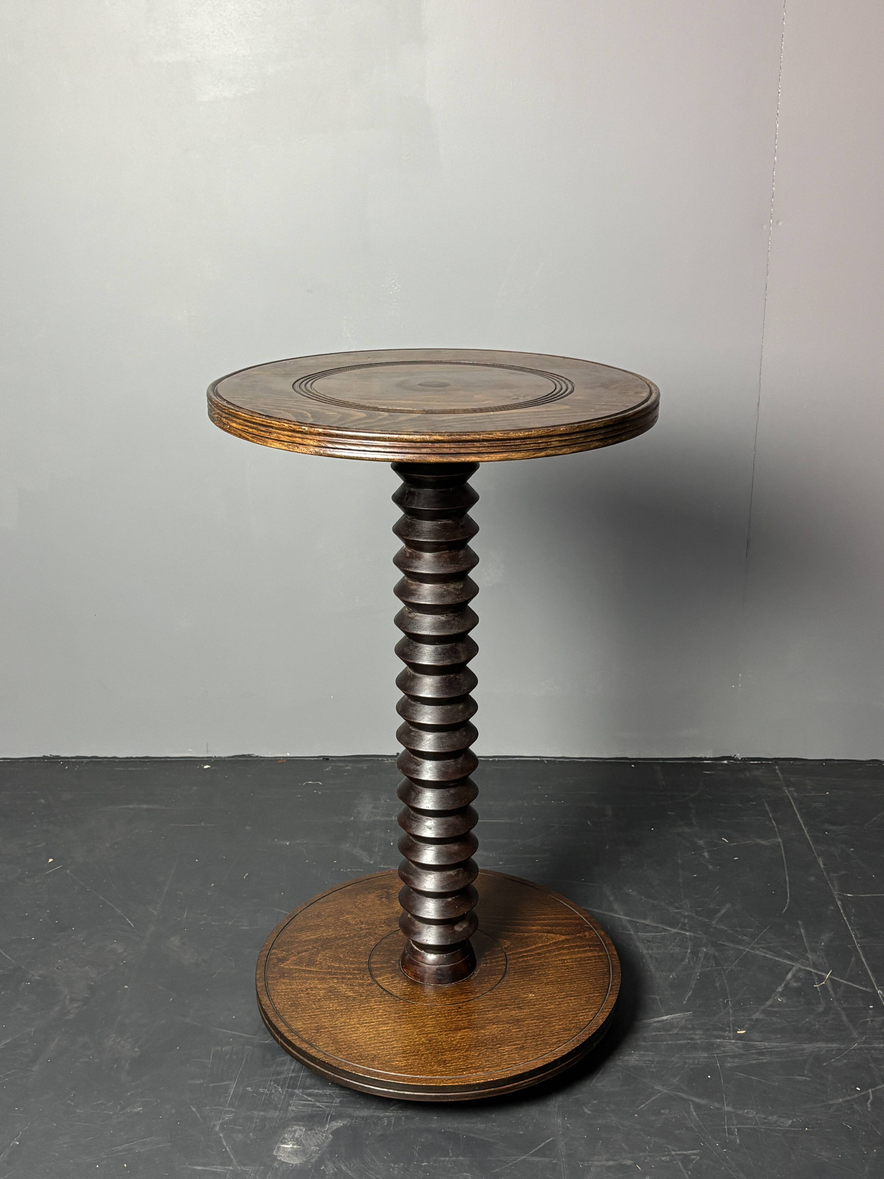 Midcentury brutalist wood turned side table in the style of Charles Dudouyt