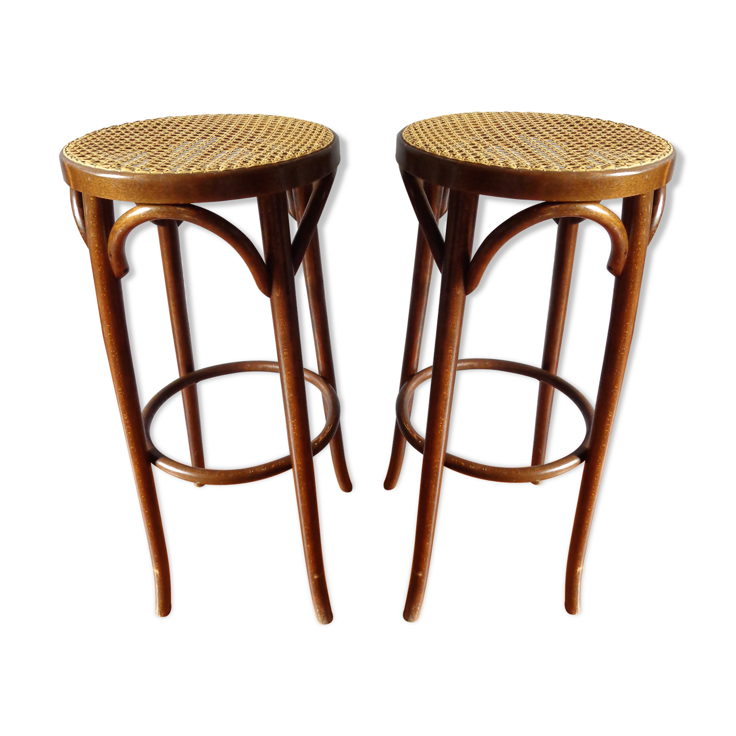 2 old bar stools curved wood sitting cannée