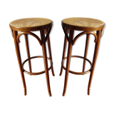 2 old bar stools curved wood sitting cannée