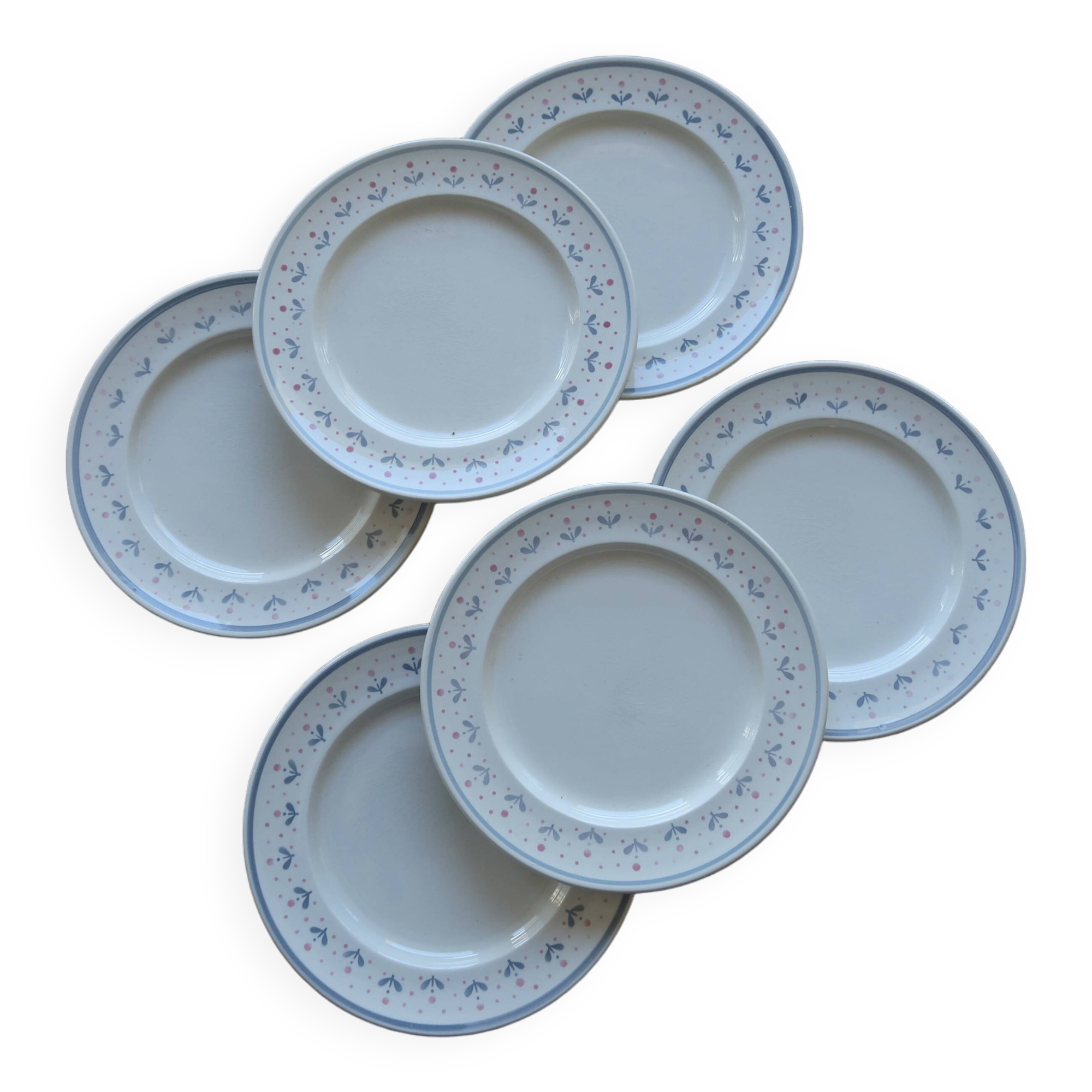 6 vintage dessert plates stamped Longchamp with floral border