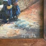 Painting Oil on Isorel Signed Landscape Breton Brittany Port Boat Character XX ème