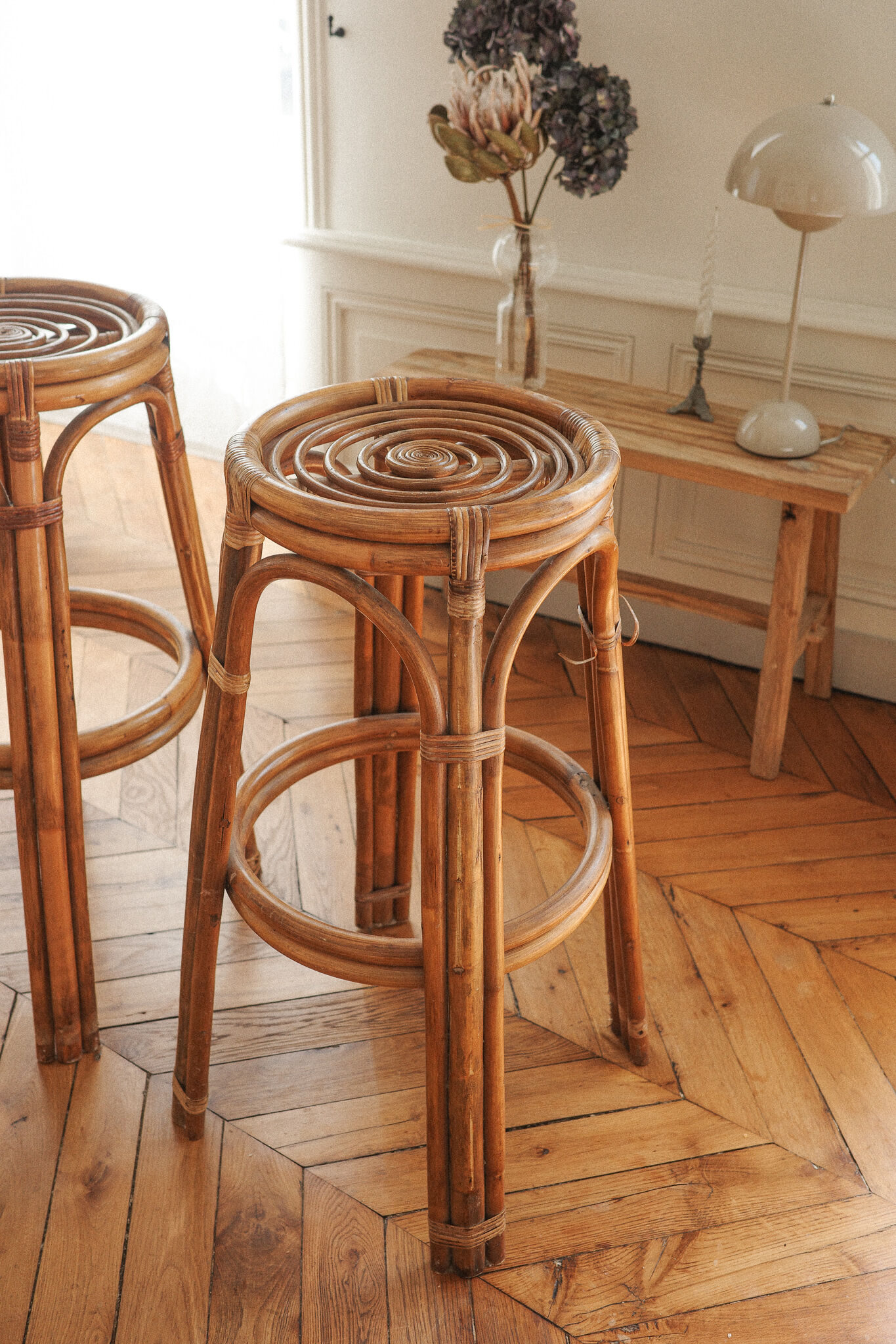 Pair of Louis Sognot bar stool in rattan 1950