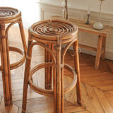 Paire de tabourets de bar  Louis Sognot en rotin 1950