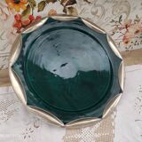 Round oriental hollow dish in deep green ceramic and silver colored metal