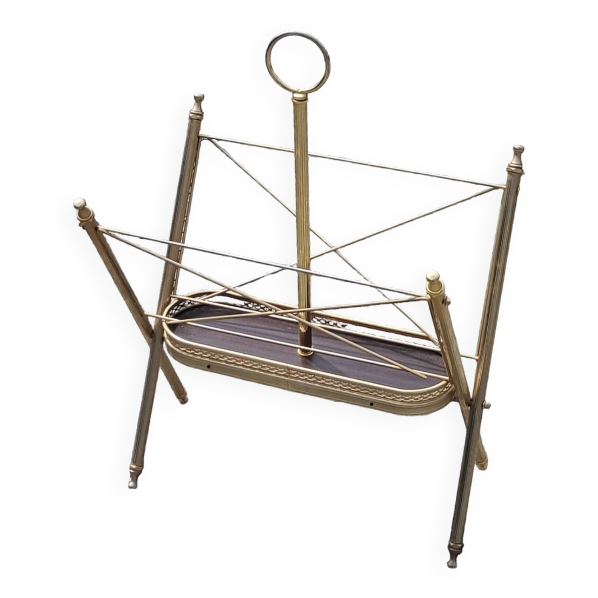 Vintage magazine rack from the 60s in neo-classical style in gold metal and mahogany