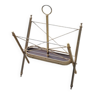 Vintage magazine rack from the 60s in neo-classical style in gold metal and mahogany
