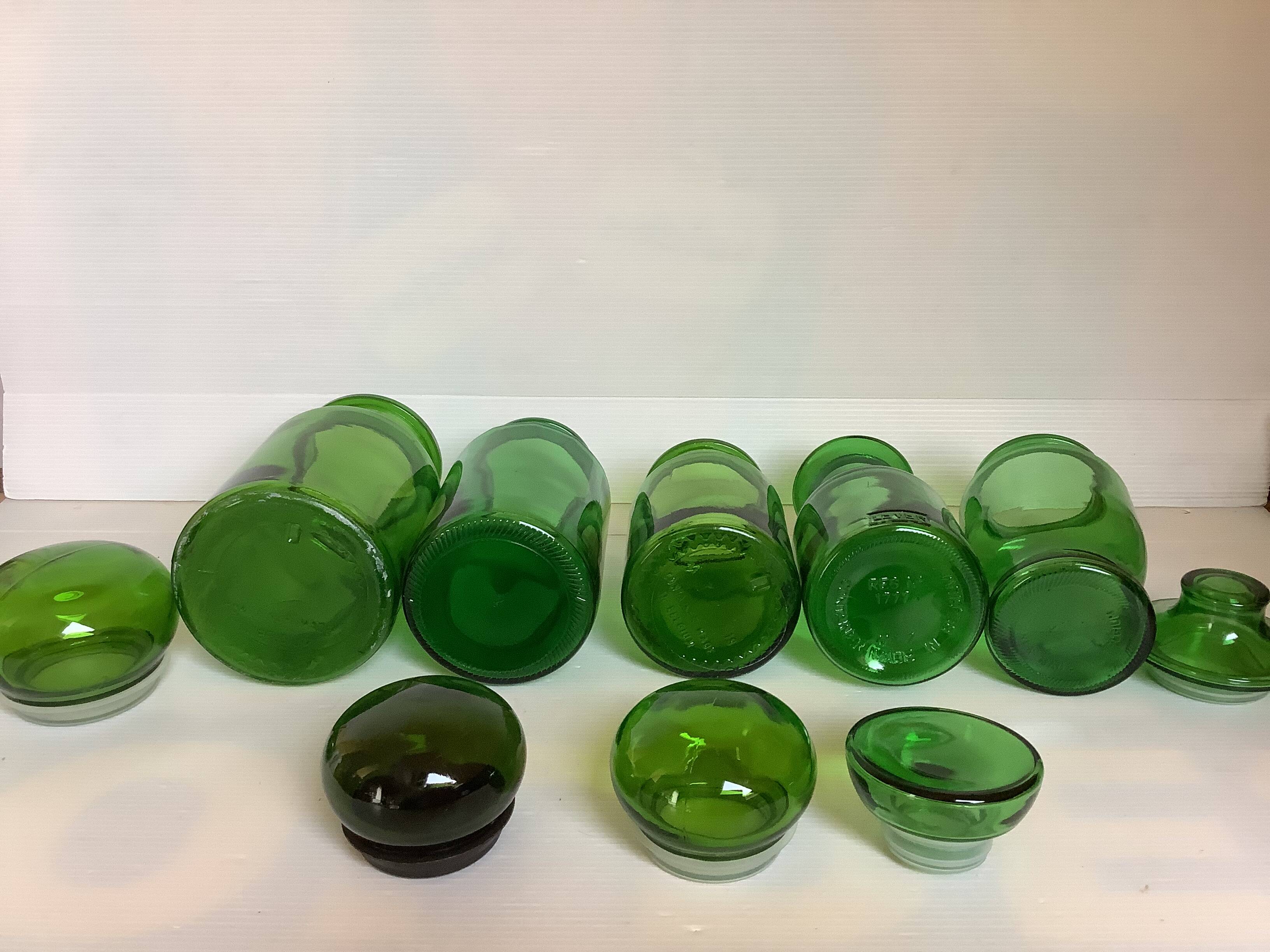 Five green glass candy boxes from the 70s