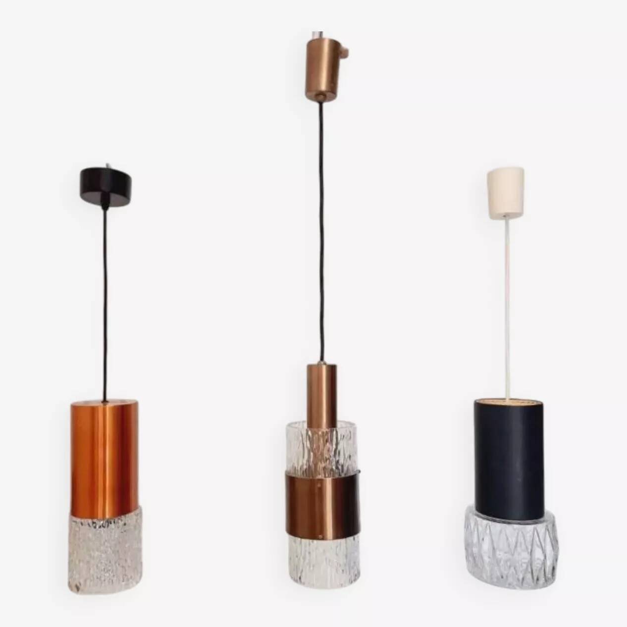 Three vintage pendant lamps, copper, aluminum and glass.