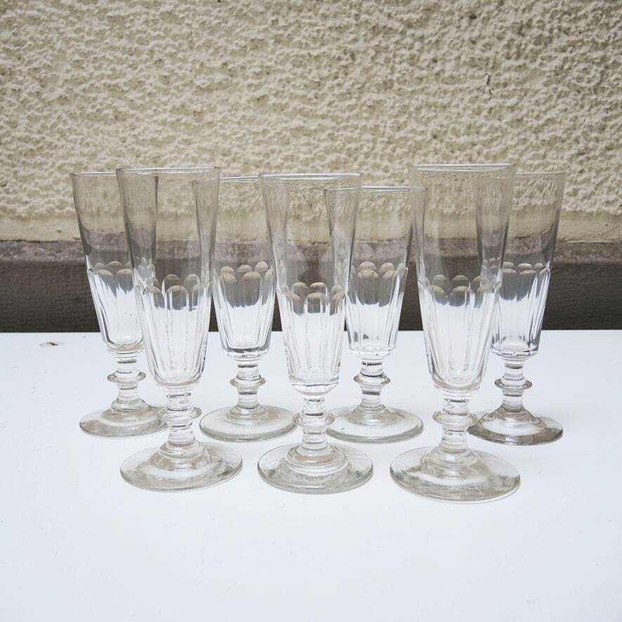 7 antique glass champagne flutes in Louis Philippe style