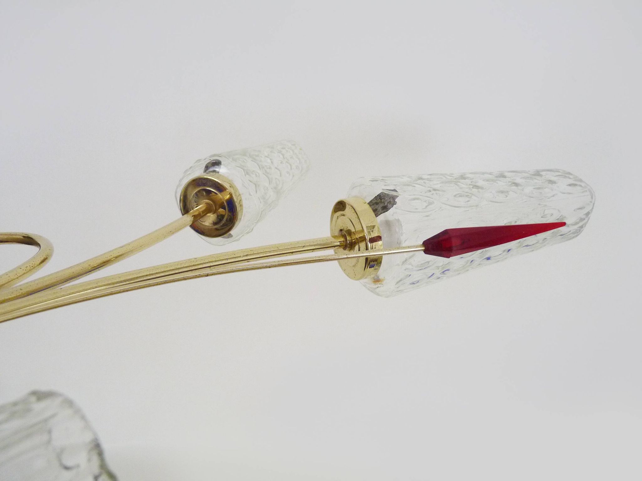 Antique chandelier with 6 branches, 2 red arrows, brass and diamond glass tubes. 70s